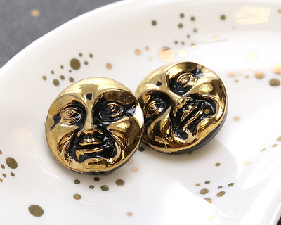 Czech Glass Jet w/ Gold Moon Face Button 17mm