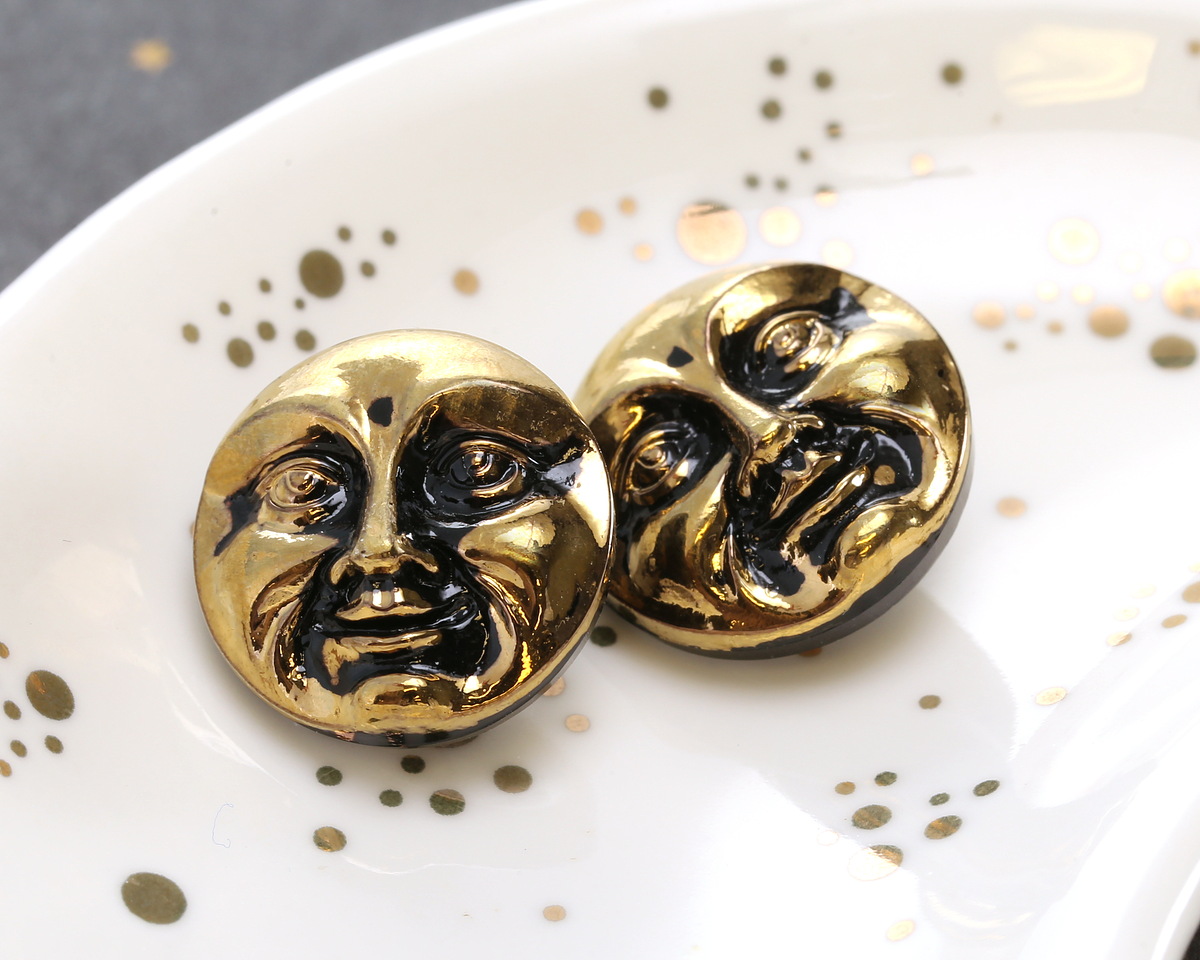 Czech Glass Jet w/ Gold Moon Face Button 17mm