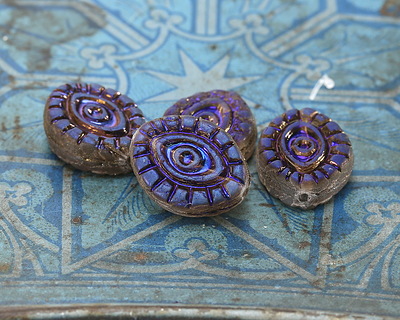 Czech Glass Matte Charcoal w/ Metallic Blue Mystic Eye 14x11mm