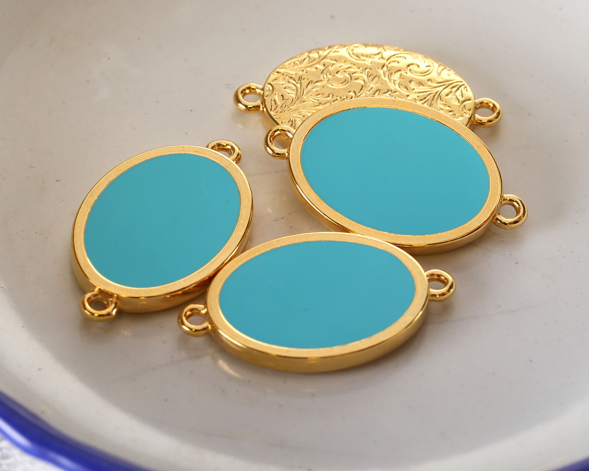 24K Gold (Plated) Aqua Enamel Oval Focal Link 27x16mm