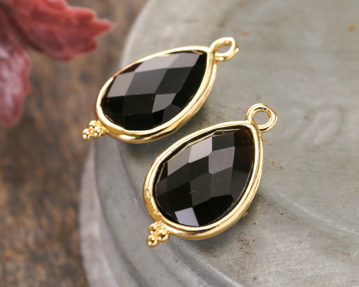 Black Obsidian w/ Gold Finish Faceted Teardrop Focal 12x21mm