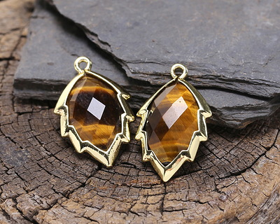 Tiger Eye Faceted Puff Leaf Focal w/ Gold Finish 14x22mm