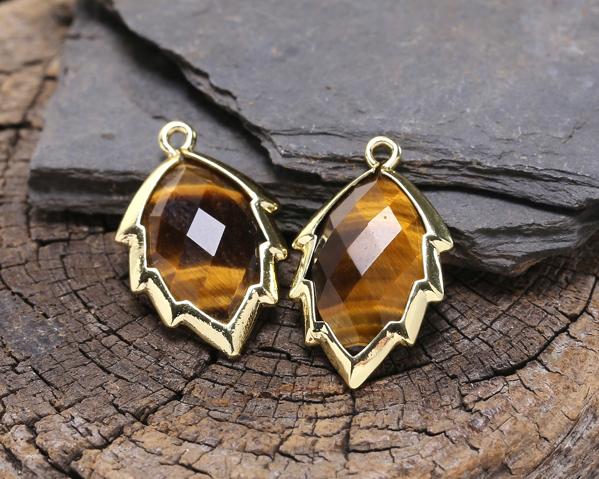 Tiger Eye Faceted Puff Leaf Focal w/ Gold Finish 14x22mm