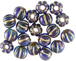 Czech Glass Blue Nile w/ Gold Large Hole Melon Round 8mm