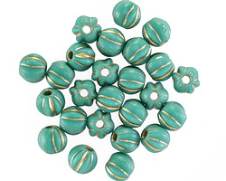 Czech Glass Matte Sea Green w/ Gold Large Hole Melon Round 6mm