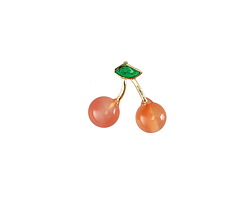Pink Agate Cherries w/ Green Enamel Leaf Charm 17x14mm