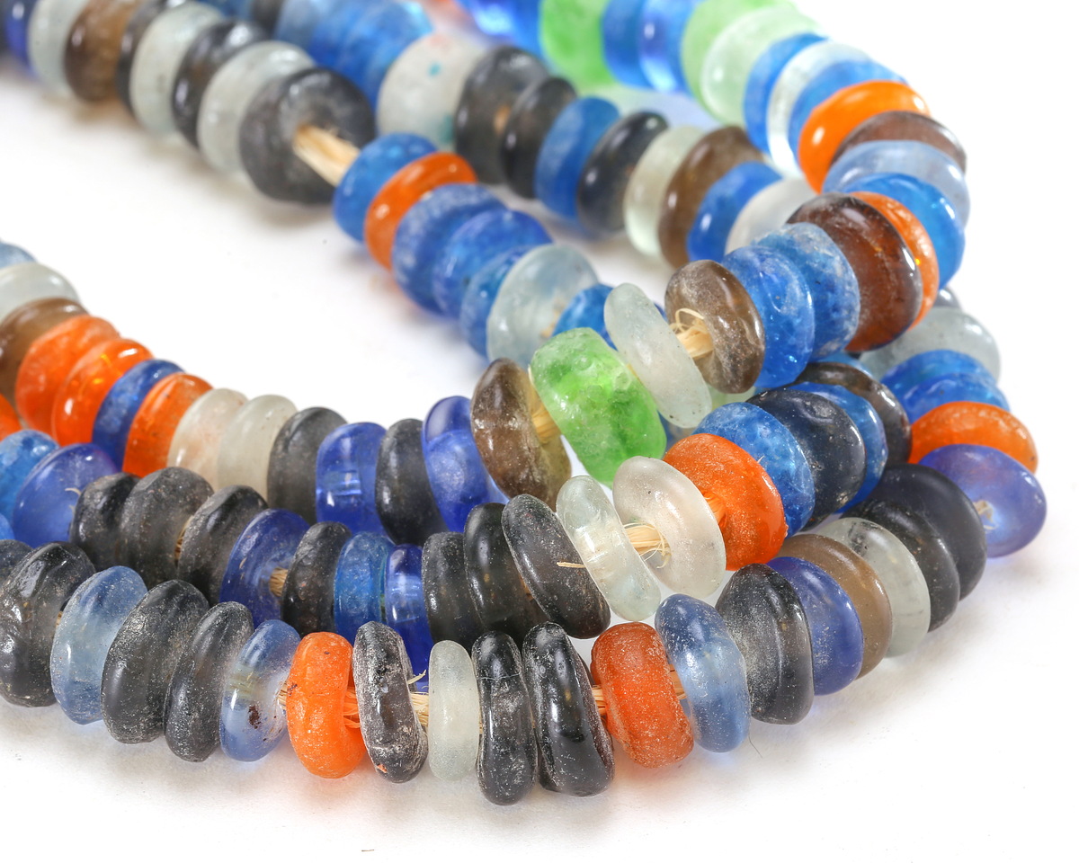 African Recycled Glass Multi Blue/Orange/Green Mini Donut 11-13mm
