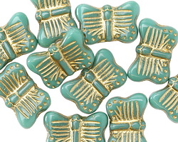 Czech Glass Green Turquoise w/ Gold Wash Butterfly 16x11mm