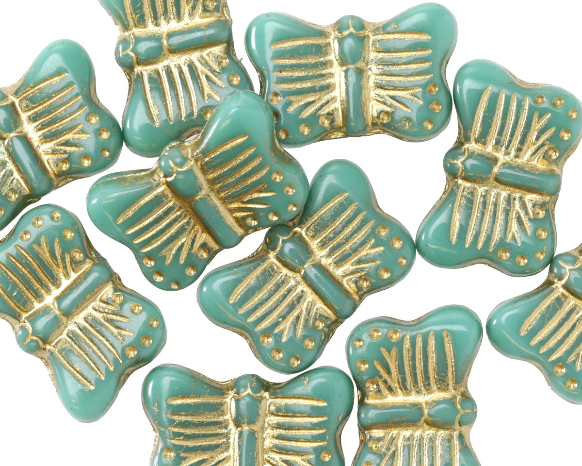 Czech Glass Green Turquoise w/ Gold Wash Butterfly 16x11mm
