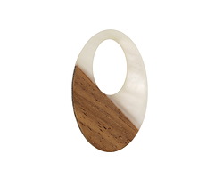 Walnut Wood & Alabaster Pearlescent Resin Oval Off-Center Hoop Focal 22x35mm