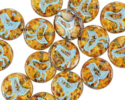 Czech Glass Amber Picasso w/ Turquoise Bird Coin 12mm