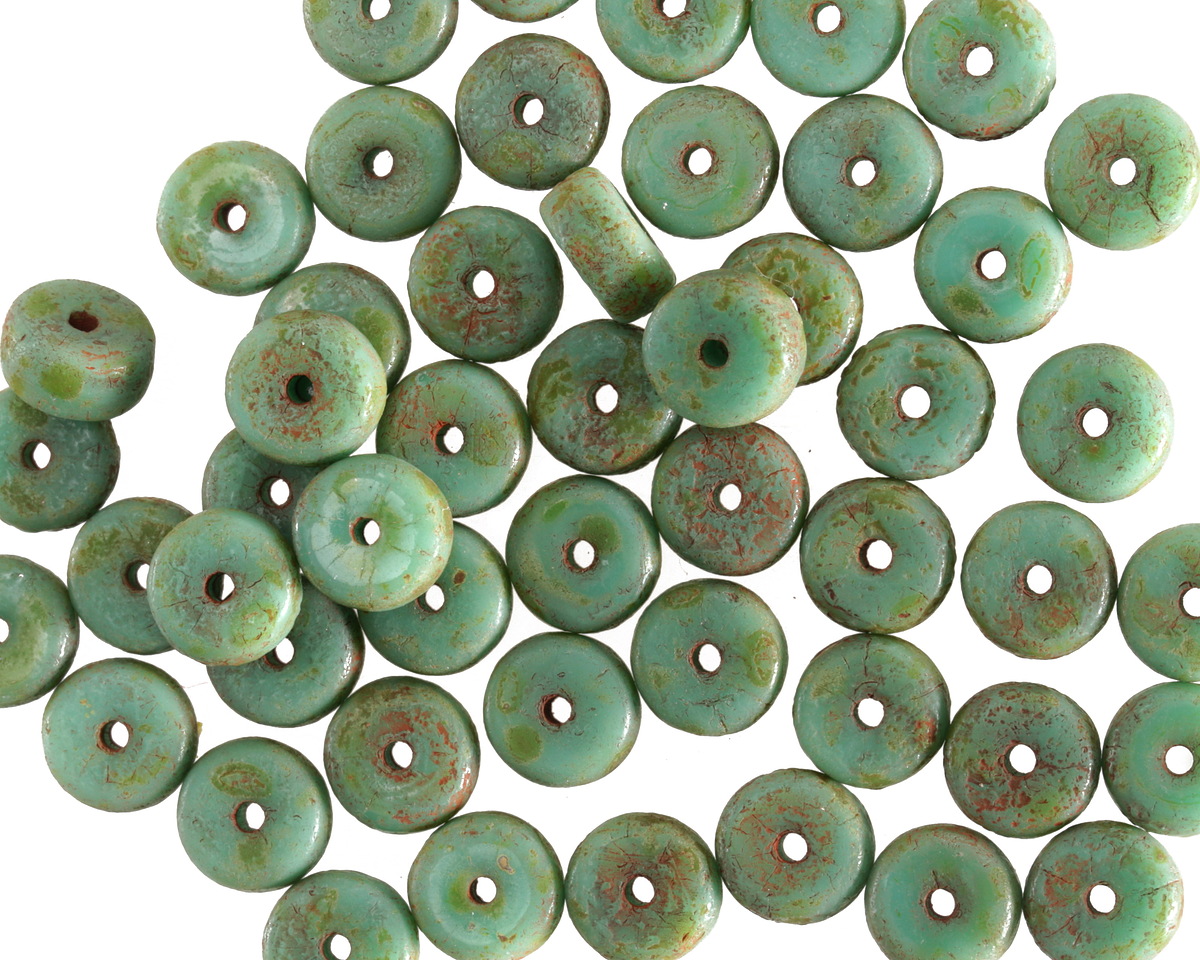 Czech Glass Textured Turquoise w/ Picasso Heishi 3x6mm