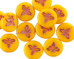 Czech Glass Marigold Yellow w/ Pink Wash Bee Coin 12mm