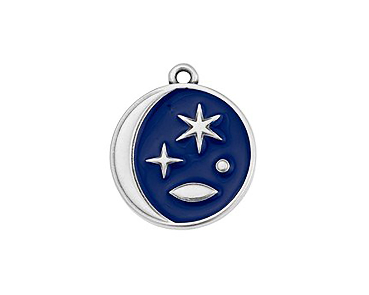 Antique Silver (plated) Cobalt Enamel Celestial Scene Coin Focal 18x20mm