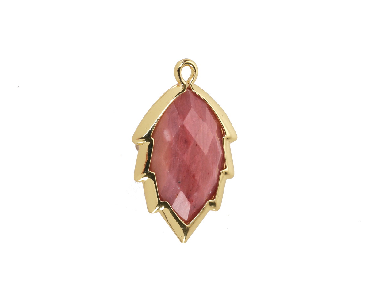 Wood Rhodonite Faceted Puff Leaf Focal w/ Gold Finish 14x22mm