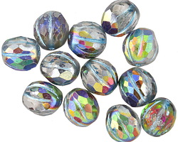 Czech Glass Crystal Vitrail w/ Metallic Blue Faceted Melon Round 10mm