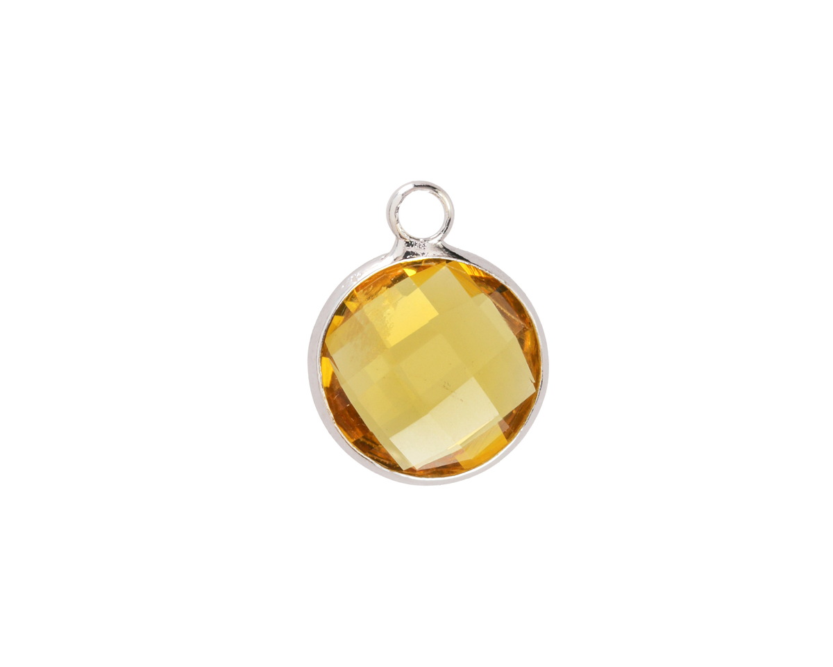 Yellow Crystal Round Drop in Silver Finish Bezel 12.8x16.5mm