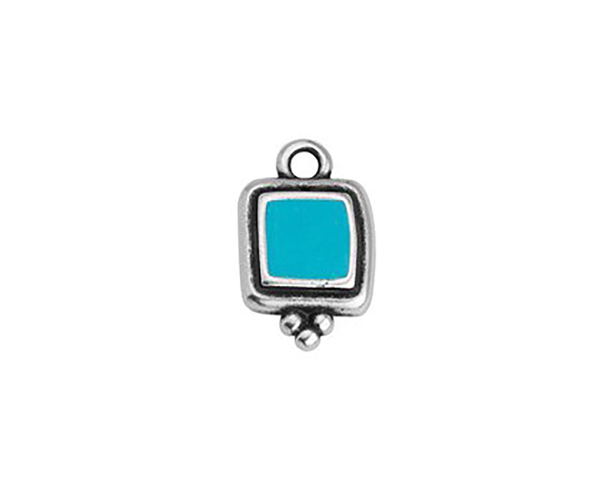 Antique Silver (plated) Turquoise Enamel Beaded Square Focal 10x16mm