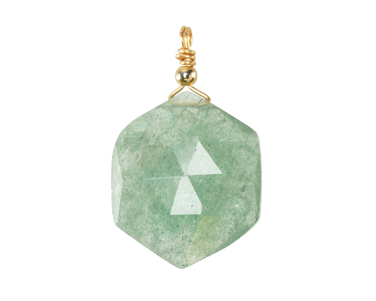 Green Strawberry Quartz w/ Gold Finish Faceted Hexagon Wire Wrapped Pendant 20x25mm