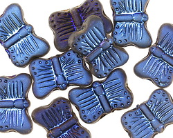 Czech Glass Matte Black Diamond w/ Metallic Blue Butterfly 16x11mm