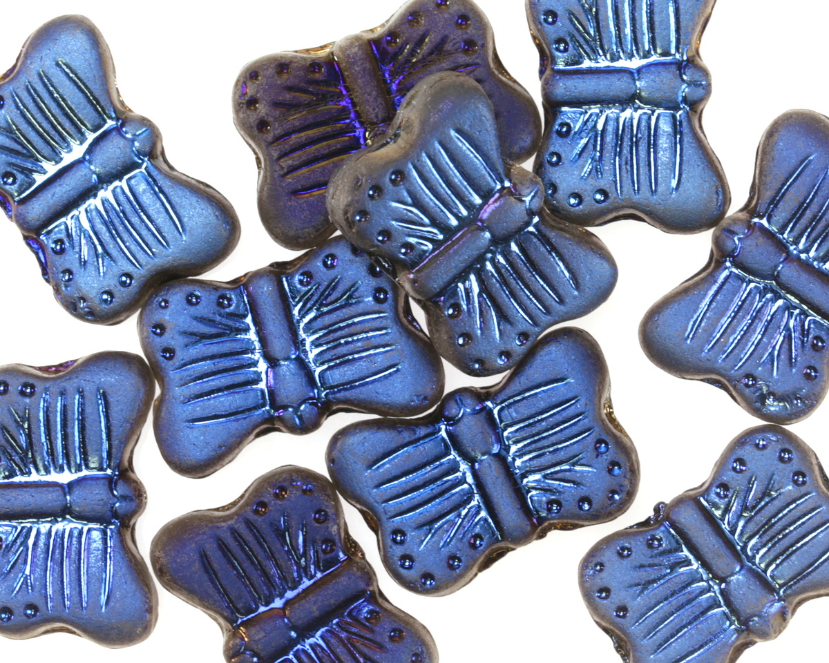 Czech Glass Matte Black Diamond w/ Metallic Blue Butterfly 16x11mm
