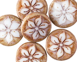 Czech Glass White Picasso w/ Metallic Pink Clematis Coin Bead 18mm