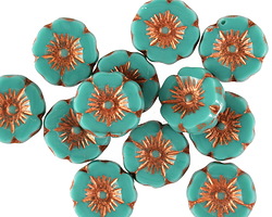 Czech Glass Green Turquoise w/ Copper Hibiscus Coin 12mm