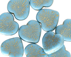 Czech Glass Matte Sky Blue w/ Gold Wash Starburst Heart 14mm