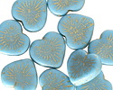 Czech Glass Matte Sky Blue w/ Gold Wash Starburst Heart 14mm