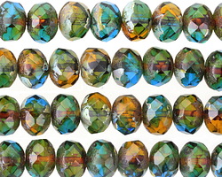 Czech Glass Rainforest Picasso Fire Polished Rondelle 6x9mm