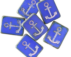 Czech Glass Matte Cobalt Silk Picasso AB w/ Silver Anchor Rectangle 15x12mm