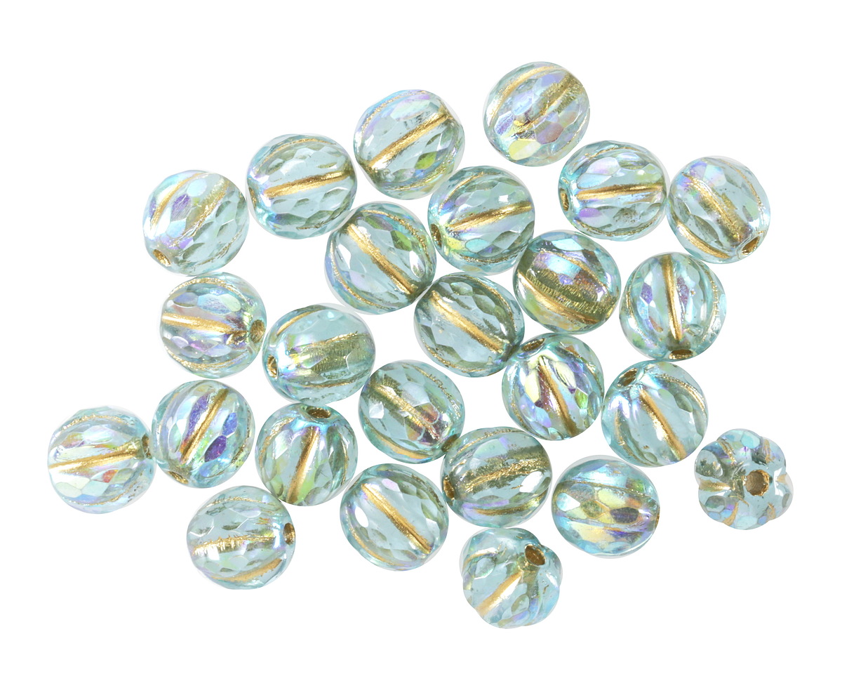 Czech Glass Aquamarine AB w/ Gold Faceted Melon Round 6mm