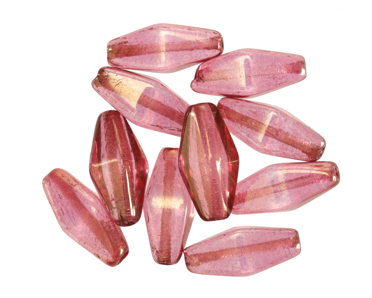 Czech Glass Raspberry w/ Gold Luster Rhombus 14x7mm