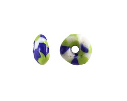 African Recycled Glass & Seed Bead Green, Blue & White Donut 10-12mm
