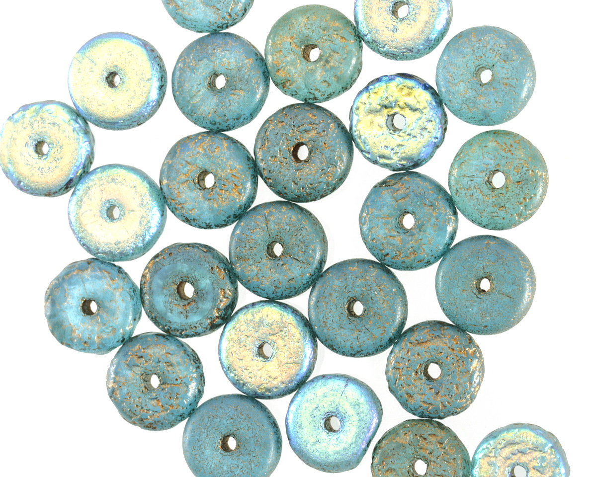 Czech Glass Textured Island Blue w/ Rainbow AB & Gold Finishes Heishi 4x8mm