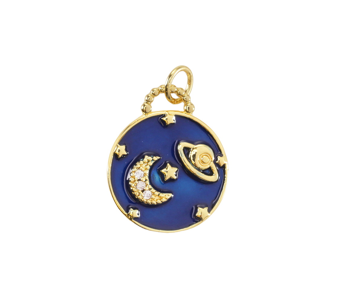 Cobalt Shimmer Enamel w/ Gold Finish Moon & Saturn Focal 15x18.5mm