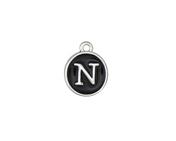 Jet Enamel Silver Finish Initial Coin Charm "N" 12x14mm