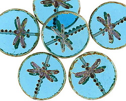 Czech Glass Aquamarine Picasso Dragonfly Coin 17mm