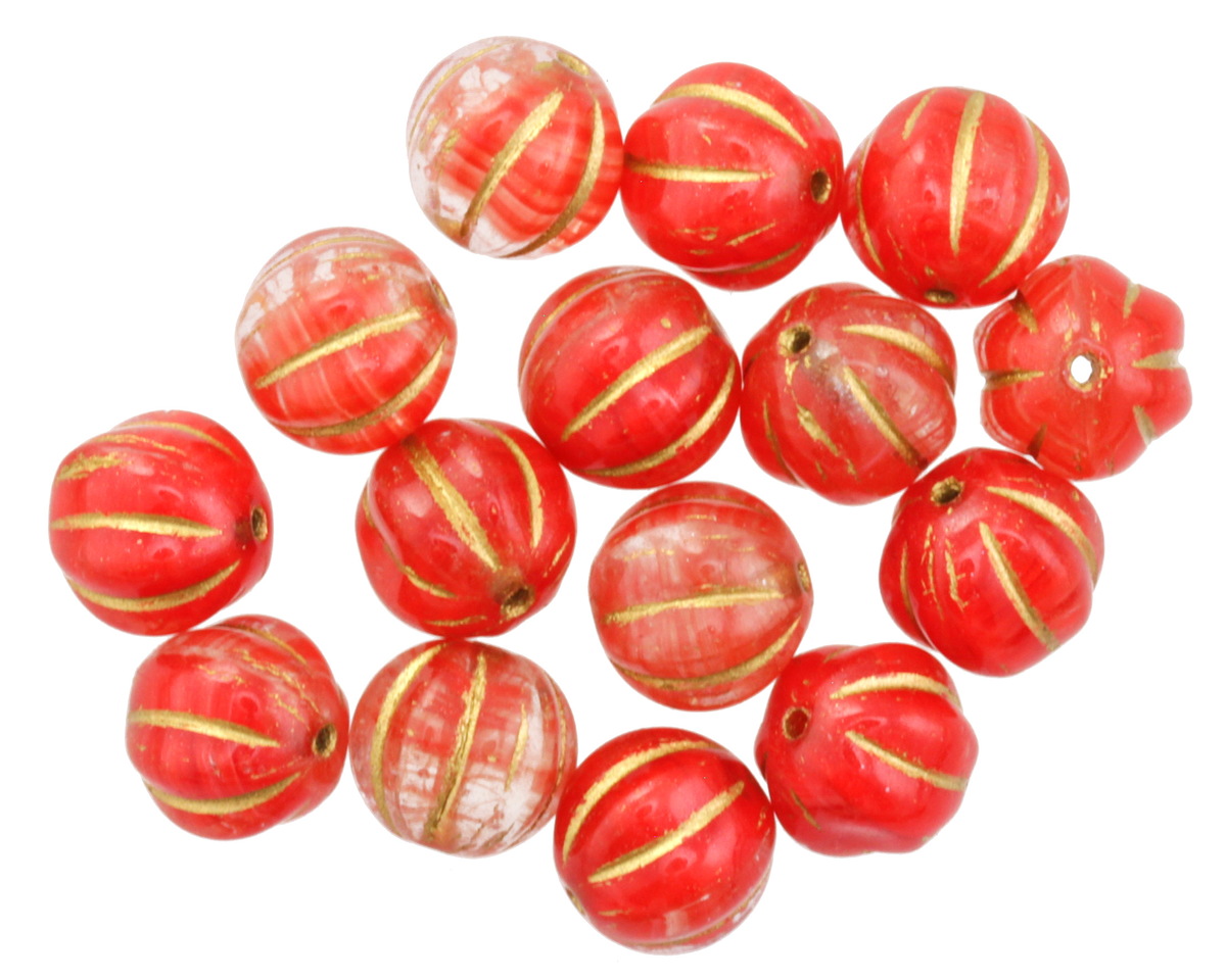 Czech Glass Cherry Swirl w/ Gold Melon Round 8mm