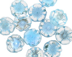 Czech Glass Etched Transparent Aquamarine w/ AB Luster Hibiscus Coin 12mm