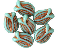 Czech Glass Turquoise w/ Metallic Bronze Tulip 16x12mm