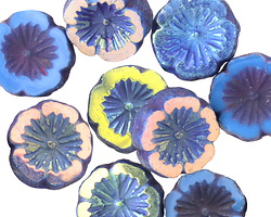 Czech Glass Textured Cornflower w/ AB Finish Hibiscus Coin 14mm