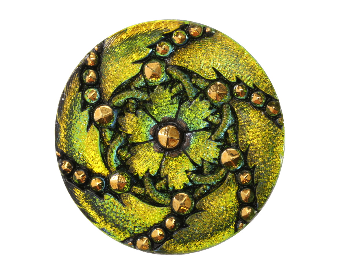 Czech Glass Chartreuse & Gold w/ Gold Daisy Spiral Button 31mm
