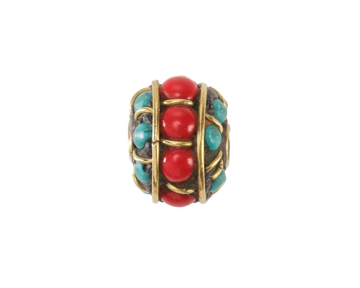 Nepalese Brass w/ Turquoise & Coral Rondelle Bead 13x17mm
