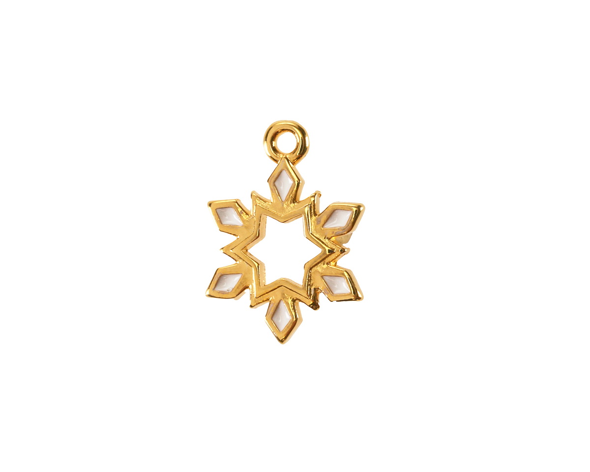 24K Gold (plated) White Enamel Snowflake Wireframe Pendant 7.5x12.5mm