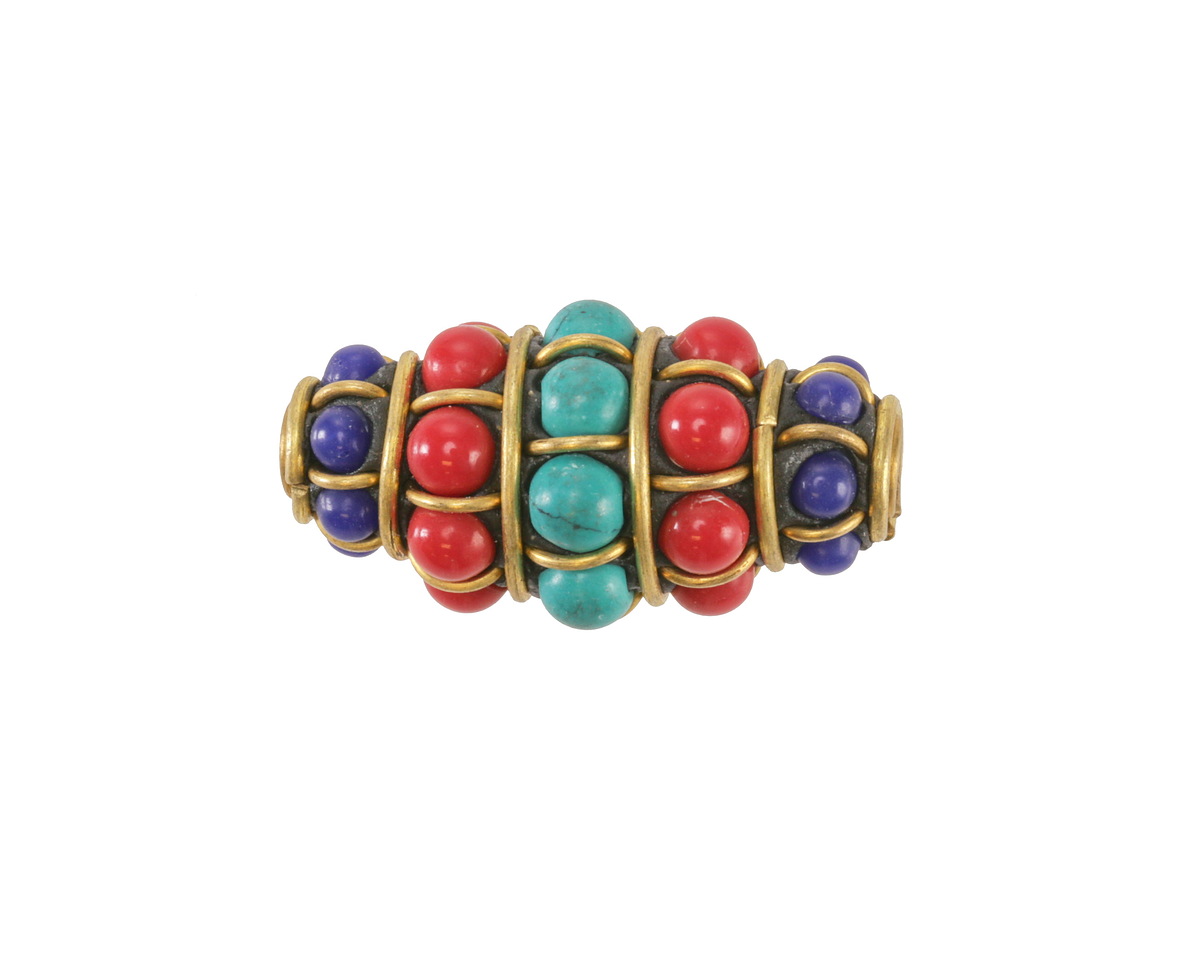 Nepalese Brass w/ Coral, Turquoise & Lapis Rice 30x16mm
