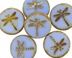 Czech Glass Cornflower Blue Picasso Dragonfly Coin 17mm