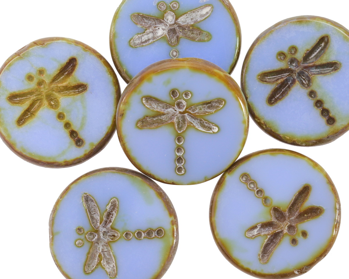 Czech Glass Cornflower Blue Picasso Dragonfly Coin 17mm
