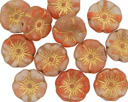 Czech Glass Matte Textured Creamsicle w/ Gold Hibiscus Coin 12mm