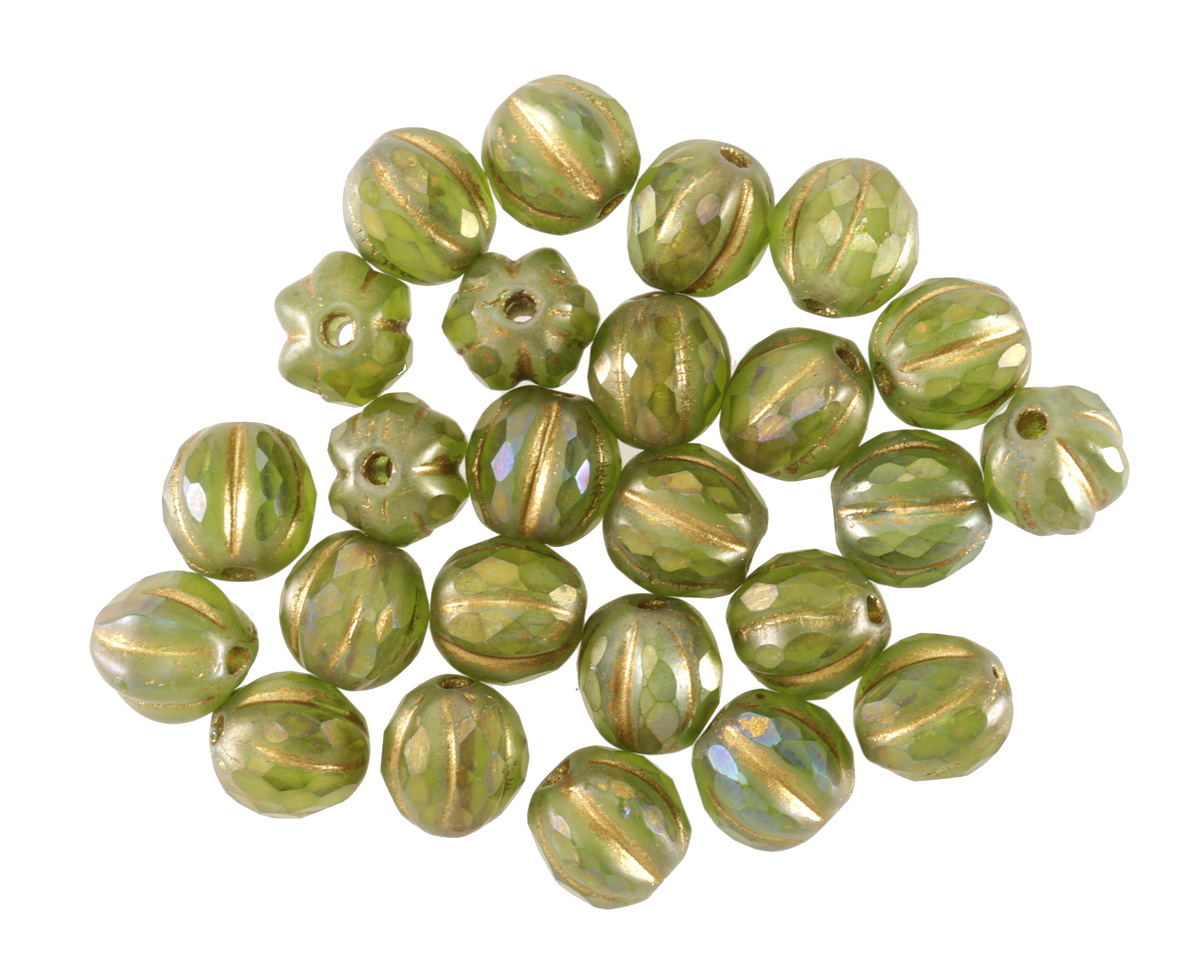 Czech Glass Matte Peridot w/ Golden AB & Gold Faceted Melon Round 6mm